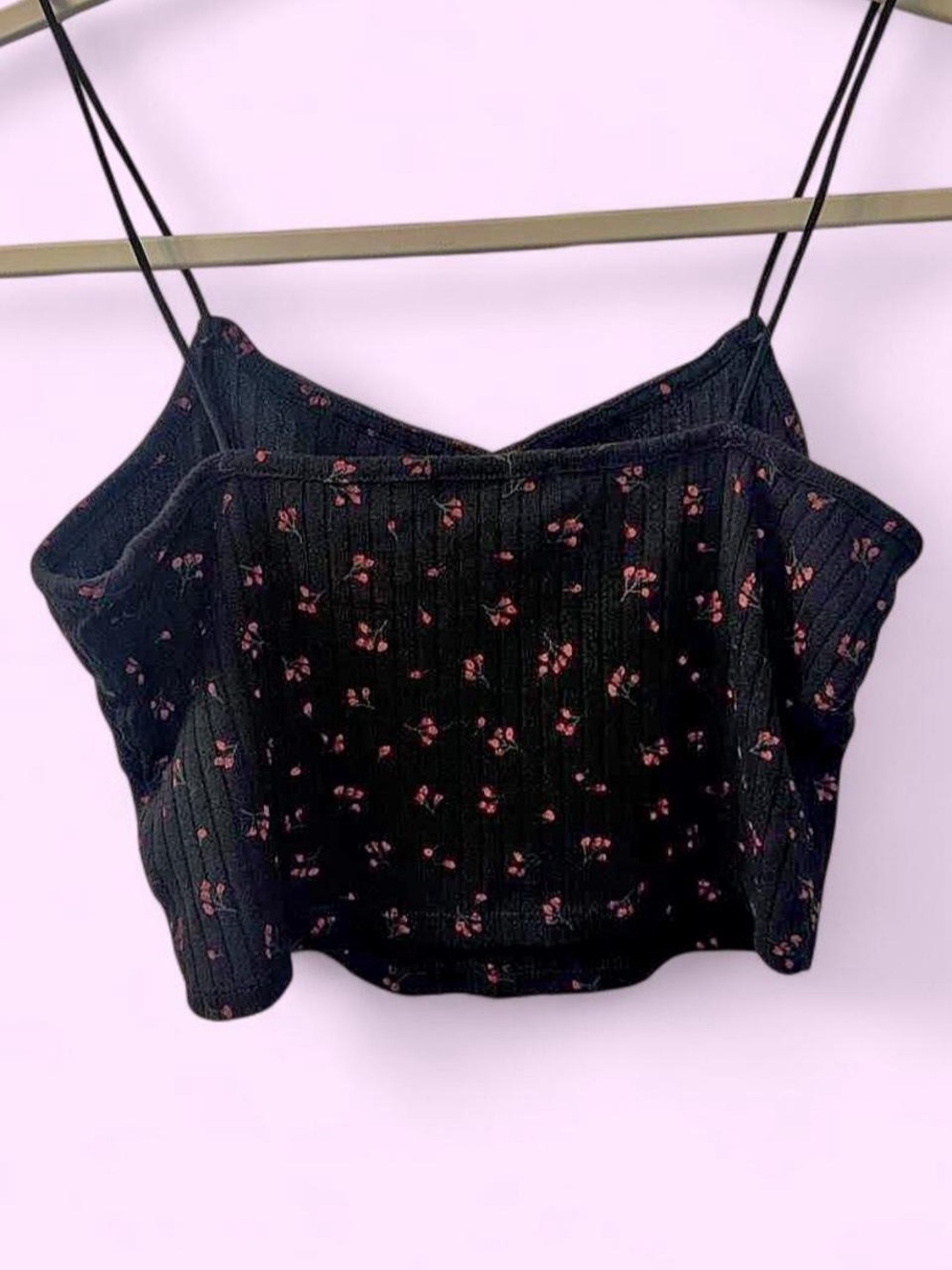 Black 90s  Floral Pattern Ribbed Tie-Front lightweight camisole with Crop Top